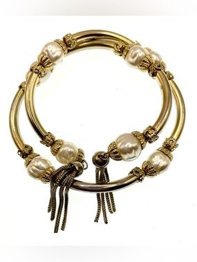 Vintage 1980s Gold Tone Faux Pearl Coil Wrap Bracelet Tassel Statement Bracelet
